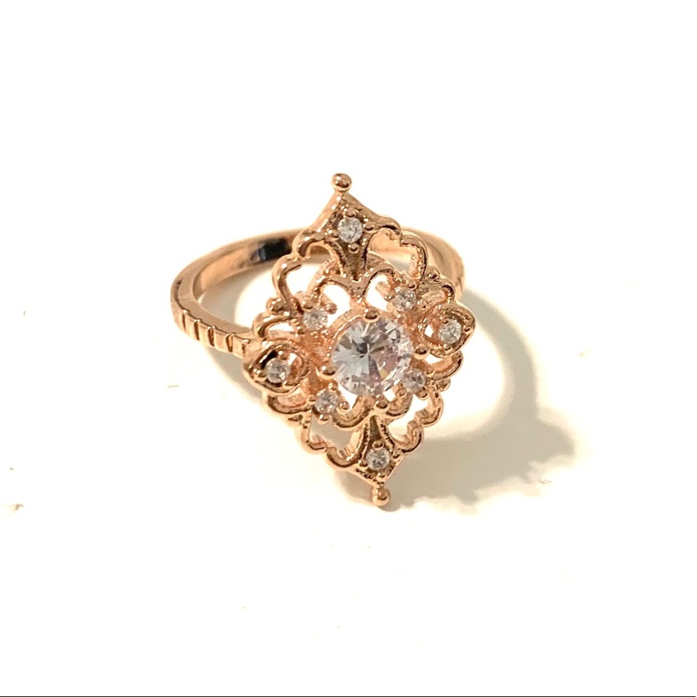 Vintage Style Filigree Rose Goldtone Jeweled Ring